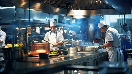 A busy professional restaurant kitchen with chefs cooking, preparing gourmet dishes. Stainless steel counters and kitchen equipment in the background.