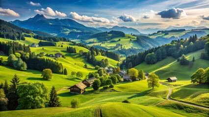 Scenic view of an idyllic Swiss landscape featuring rolling hills, lush greenery, and clear skies