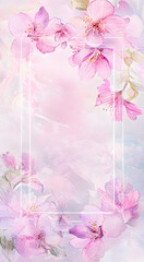 Watercolor floral pink background with clear glass text frame in the center. Place for copying. Postcard for invitation. Postcard concept.