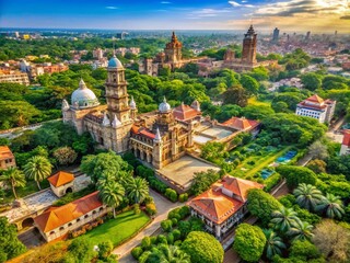 Naklejka premium Scenic View of Baroda City with Historic Architecture and Lush Greenery in Vibrant Atmosphere