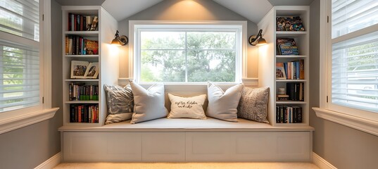 Fototapeta premium A stylish and cozy reading nook with built-in shelves, comfortable seating, and soft lighting 
