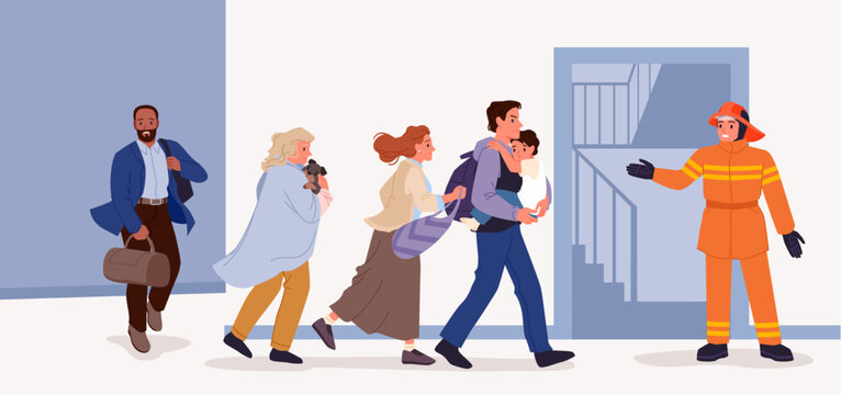 Evacuation of people from apartment building on fire by firefighter. Father running to exit door with child in hands, woman holding dog, man leaving house with bag