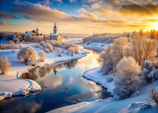 Scenic View of Dudinka, Russia with Frozen River and Snow-Covered Landscape During Winter Season