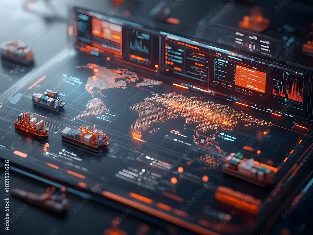 Poster futuristic ai powered global logistics command center with multiple display screens and control pane