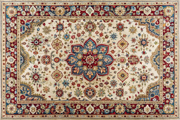 Intricate oriental rug featuring vibrant geometric designs and floral patterns, perfect for enhancing any living space with elegance and warmth