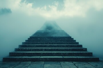 Stone Steps Leading Upwards into a Foggy and Cloudy Sky