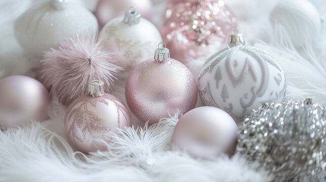 Weihnachtsstimmung mit weissem, silbernen und rosa farbenen Christbaumschmuck, Feierliche Stimmung mit edler Weihnachtsdeko