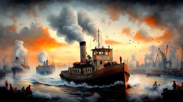 Skilled Tugboat Captain Guides Cargo Ship Through Busy Harbor at Sunset Powerful Wooden Tugboat with Billowing Smoke Stacks Propelling the Vessel Impressionist Maritime Influence in Oil Painting