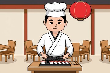 Sushi chef restaurant. Japanese chef preparing fresh sushi rolls in a traditional restaurant setting.