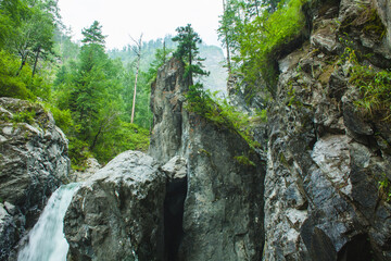 This image captures a small but vibrant waterfall cascading between rugged rocks into a pool