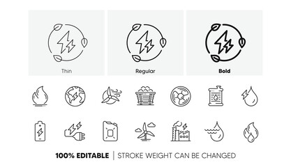 Coal Trolley and Hydroelectric Power icons. Energy types line icons. Sustainable Electricity, Battery Energy, Fuel canister. Windmill power, Coal mine and Hydroelectricity. Line icons set. Vector
