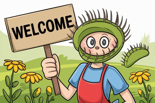 Welcome, carnivore!. A friendly, cartoon Venus flytrap welcomes visitors to their garden with a sign. The carnivore's playful expression and friendly gesture creates a humorous scene.