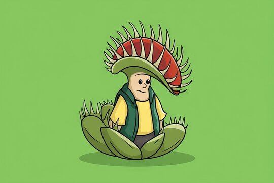 Man with venus flytrap hat. A man wearing a Venus flytrap on his head, with a fun cartoon style.