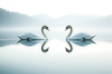 Swans Swimming on a Lake: A pair of elegant swans gliding across a calm lake, their reflections mirrored on the water