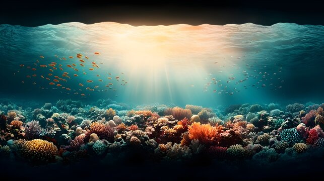 Mesmerizing Underwater Coral Reef Teeming with Diverse Tropical Marine Life A Serene Underwater Landscape Filled with Iridescent Fish and Vibrant Muted Toned Coral in a Cinematic