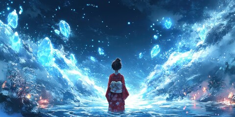 Fototapeta premium Woman in red kimono gazes at blue crystals.