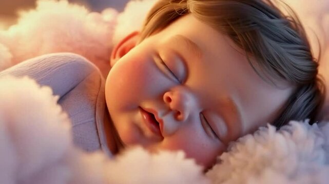 Animation Baby Sleeping on the cloud, close up on the face, cute