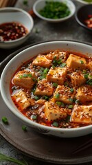 Mala tofu in a white bowl with chili oil and spring onions