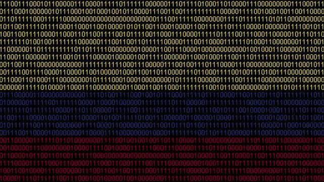 Binary code on flag of Colombia. Program source code or Hacker concept on Colombian flag. Colombia digital technology security, hacking or programming