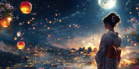 Obraz premium A woman in a kimono watches lanterns float over a