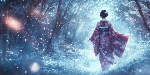 Fototapeta premium Woman in kimono walking through snowy forest.