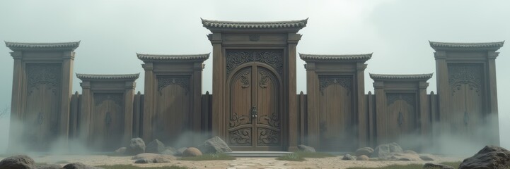Obraz premium A mystical entrance with grand doors shrouded in fog, suggesting themes of exploration, mystery, and adventure, perfect for fantasy and sci fi projects.