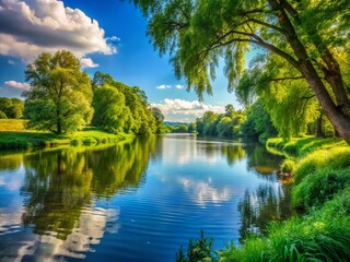 Serene Landscape of the Bank of Erath with Lush Greenery and Calm Waters Under a Clear Sky