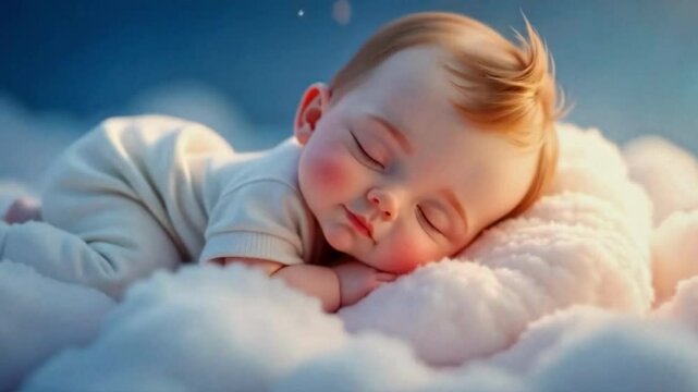 Animation Baby Sleeping on the cloud, close up on the face, cute