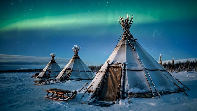 Evenki people gather under northern lights, surrounded by reindeer. Traditional nomadic lifestyle displayed under Arctic sky, reflecting resilience, cultural pride, and deep heritage. Northern concept