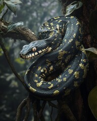 Fototapeta premium Black and yellow patterned snake curled around a branch in a misty jungle environment