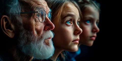 Naklejka premium Profile of three generations a grandfather, child, and grandchild gazing into the distance with focused expressions, symbolizing family, legacy, and the passage of time