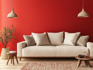 Bold red calm walls paired with neutral tones in a minimalist winter living room, creating a warm and inviting winter space