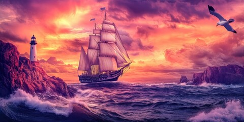 Fototapeta premium Lighthouse, ship, seagull, sunset, ocean waves.