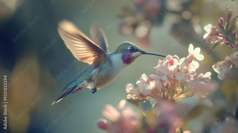 Poster close-up of a hummingbird hovering near a flower, with its iridescent feathers and fast-beating wing