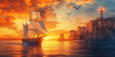 Fototapeta premium Sailboat sailing towards a lit lighthouse.