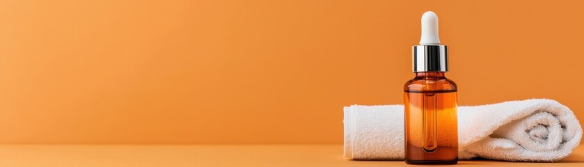 Spa environment with soothing colors, a bottle of serum placed next to a rolled towel, minimalist and clean design serum, facial spa, minimalist luxury