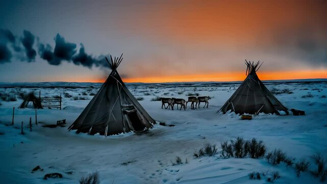 Sami settlement in winter tundra, surrounded by reindeer and pristine nature. Glimpse into daily life, traditions and harmony of people living in harsh Arctic environment. Northern inhabitants concept