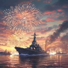 Fototapeta premium Battleship sailing at sunset with a grand fireworks show celebrating Navy achievements