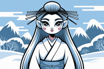 Japanese woman winter. Anime style illustration of a woman in a traditional kimono against a wintry mountainous backdrop.
