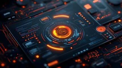 Obraz premium Sleek and Minimalist Digital Data Visualization with Futuristic Holographic HUD and Advanced GUI Elements Showcasing a Backdrop of Cutting Edge Technology and Glowing Circuits for Game Development