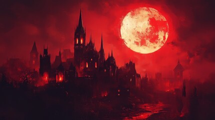 Blood moon illuminating gothic castle surrounded by dark mist and ominous shadows