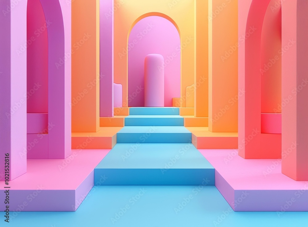 Poster 3d rendering of a colorful hallway with arches and a staircase