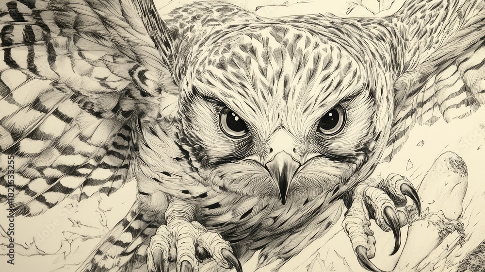 Poster close-up of a kestrelas sharp talons and patterned feathers, with its fierce gaze fixed on its prey.