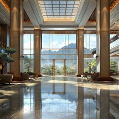 Fototapeta premium Modern Hotel Lobby with Mountain View