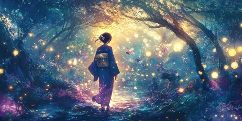 Fototapeta premium Woman in kimono walks through magical forest.