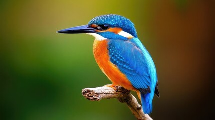 Fototapeta premium Close-up of a kingfisheras vibrant blue and orange plumage as it perches on a branch, ready to dive.