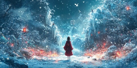Obraz premium A woman in red stands in a snowy, icy forest.