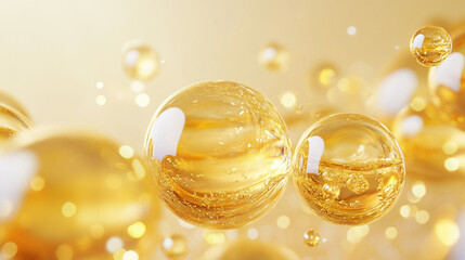 golden yellow Bubbles oil or collagen serum for cosmetic product