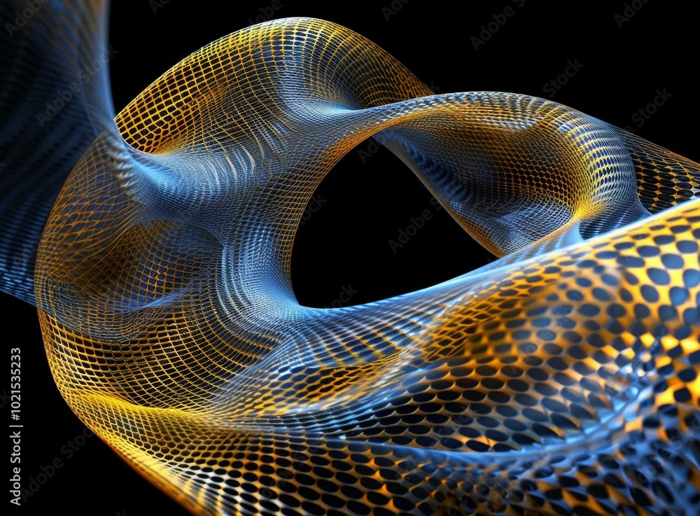 Poster blue and orange glowing 3d rendering of a complex parametric surface