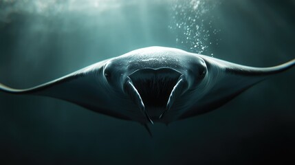 Fototapeta premium Close-up of a manta rayas eye and gills as it swims gracefully through the water, its smooth body in focus.